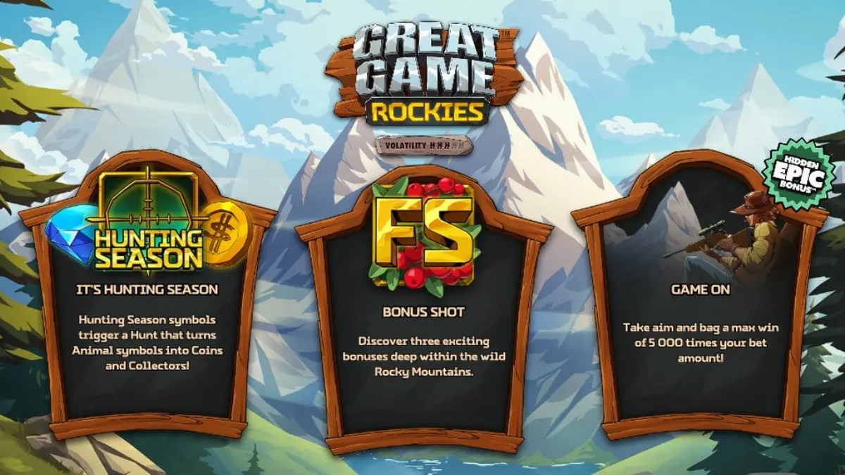 Pemandangan pegunungan yang megah dan simbol hewan dalam slot Great Game Rockies