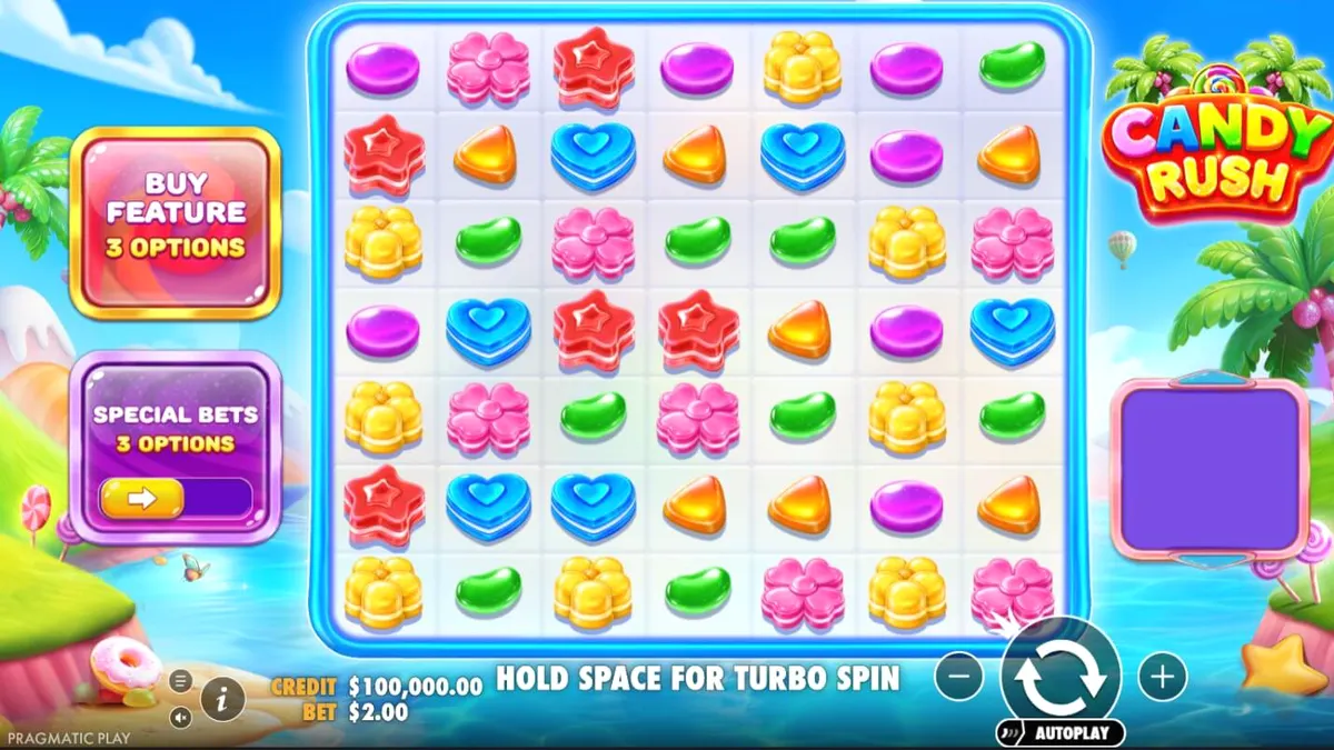 Tampilan visual penuh warna dari slot Candy Rush dengan simbol permen yang ceria