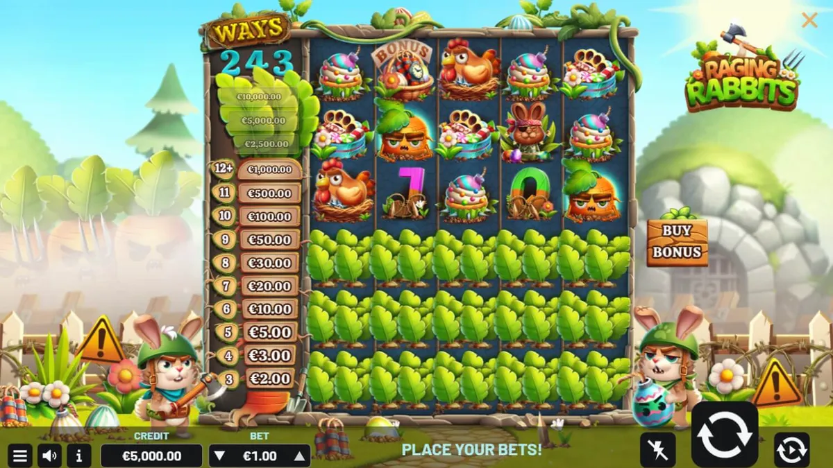 Tampilan visual slot Raging Rabbits dengan karakter kelinci militer dan reel yang berkembang.