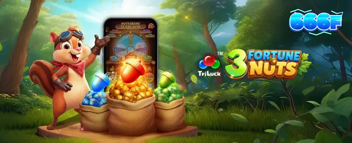 Tampilan antarmuka mobile slot 3 Fortune Nuts dengan tema hutan dan kacang emas